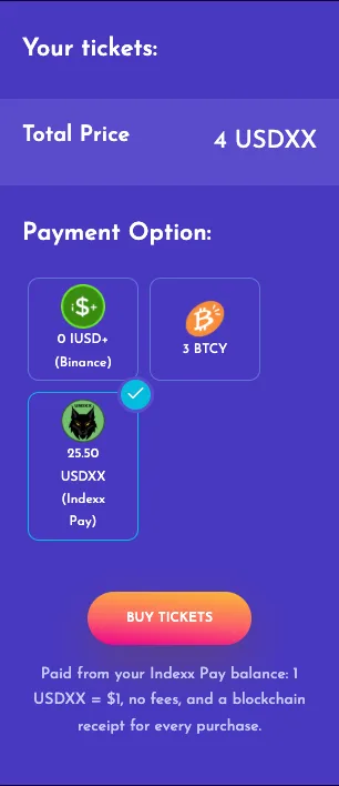 Indexx Lotto checkout with USDXX as a payment option