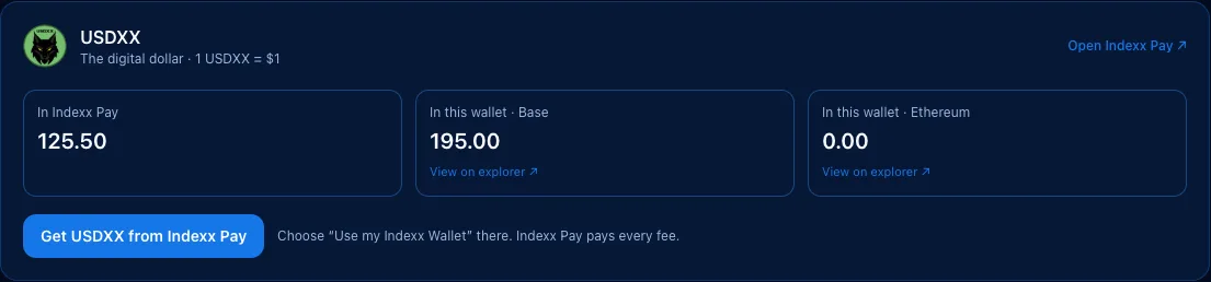 Indexx Wallet showing USDXX in Indexx Pay and in the wallet